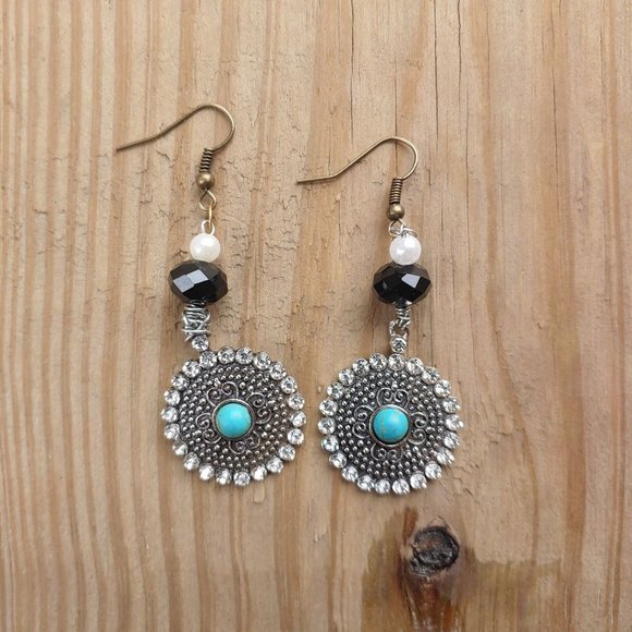 Goth black, white, and turquoise dangly earrings - Picture 3 of 3